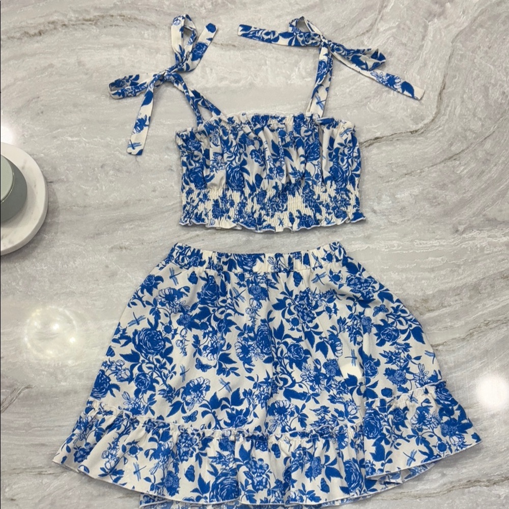Blue and White Floral Two-Piece Set